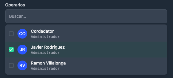 Selector de operarios en la visita